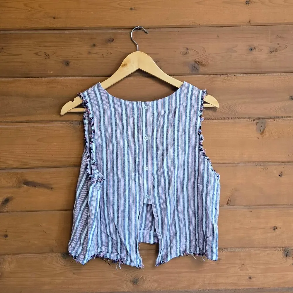Anthropologie Tank Top Cloth & Stone Stripe Frayed Split Open Back Large Boho - Picture 3 of 5